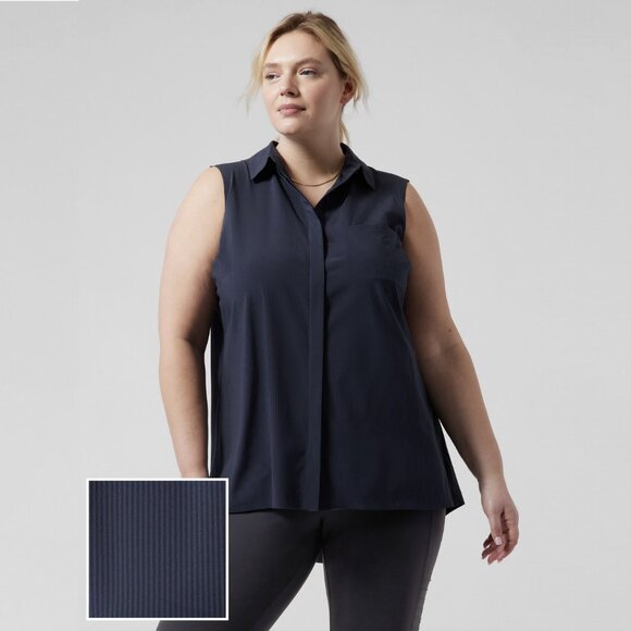 ATHLETA Urbanite Tank Sleeveless Button Down High-Low in City Stripe Navy, L - Picture 1 of 13